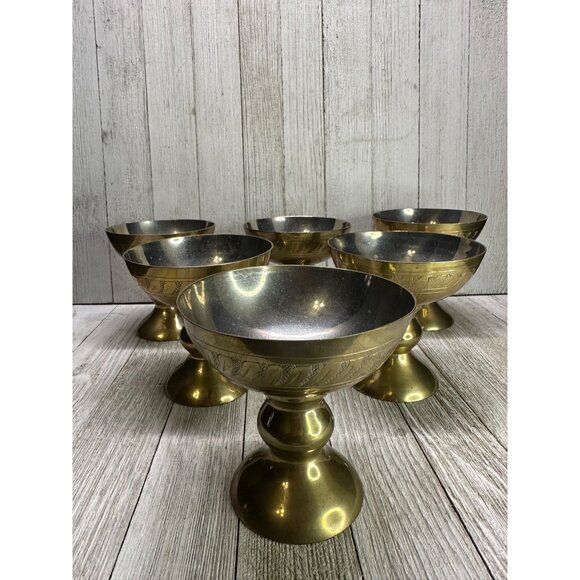 Vintage Set of 6 Etched Brass Footed Goblets Bowls Patina Made in India 4" Tall - Picture 2 of 8